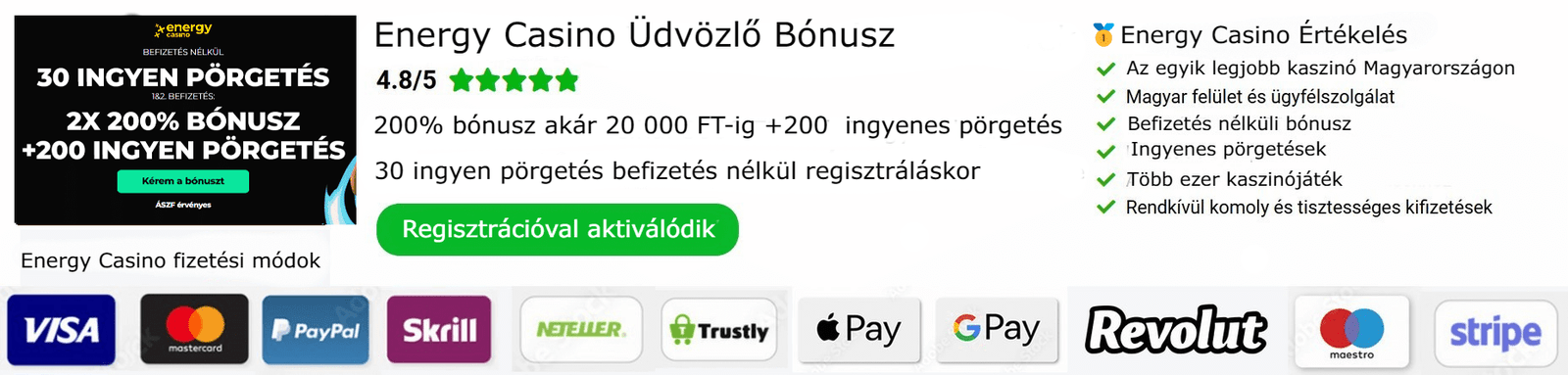 EnergyCasino 30 ingyen pörgetés befizetés nélkül regisztráláskor