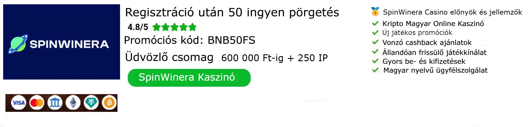 SpinWinera Casino 50 ingyen pörgetés